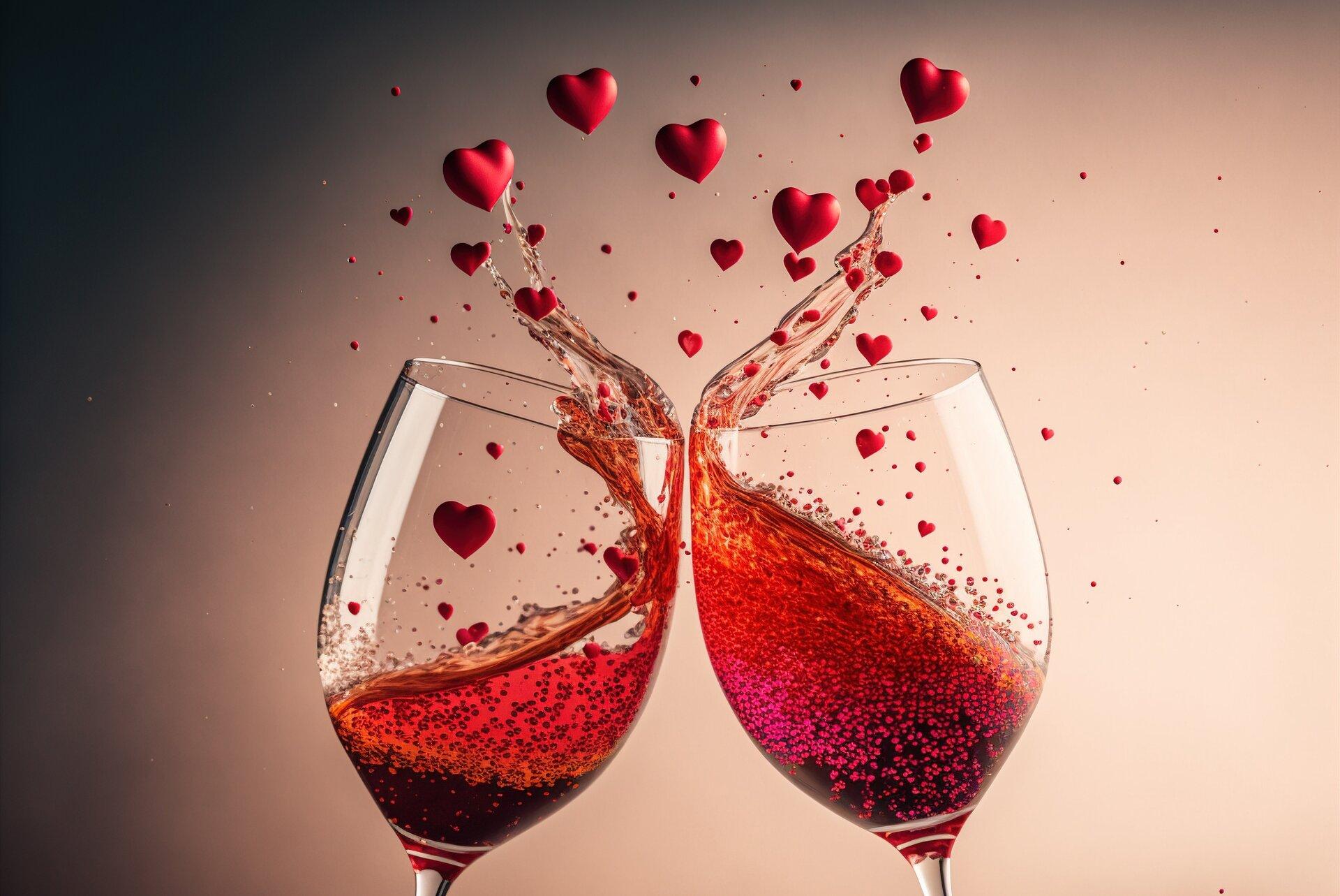 Anstoßende Weingläser deren Inhalt beim Anstoßen eine Herzform ergibt