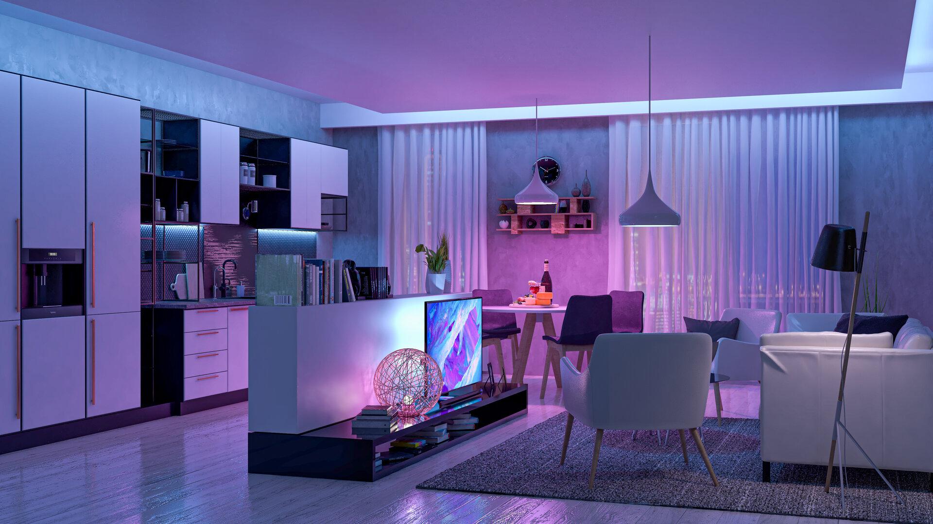 Modernes Wohnzimmer mit farbigem LED Licht