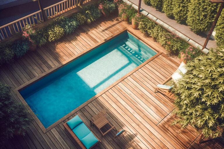Blick von oben auf eine Holzterrasse und einen Swimmingpool, umgeben von einem grünen Garten. Moderne Villa mit Pool und Holzterrasse an einem sonnigen Sommertag.