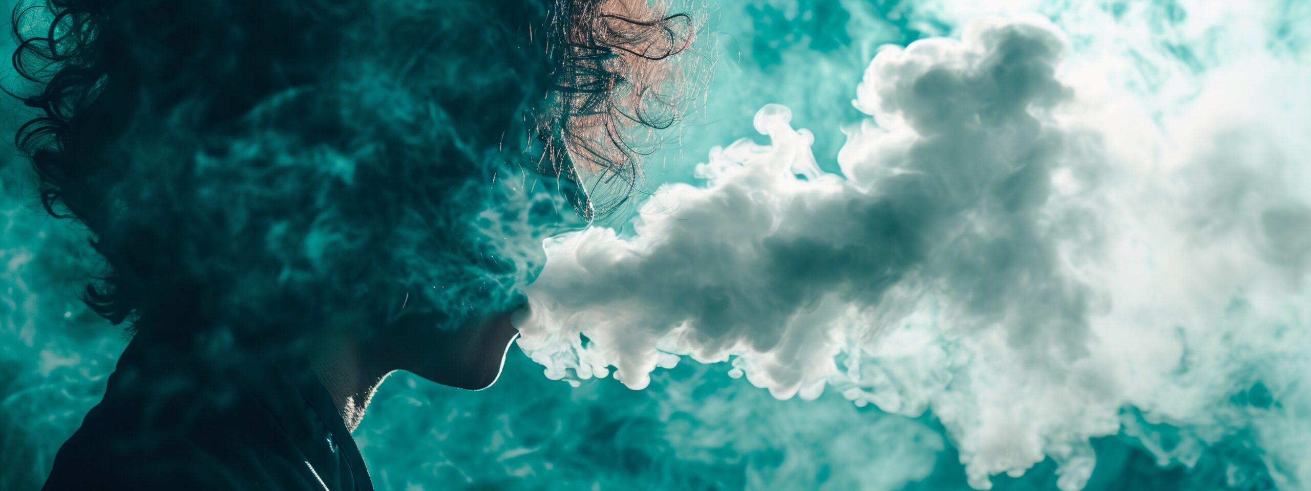 Person beim Dampfen einer Einweg-E-Zigarette, wobei eine große Wolke aus Dampf erzeugt wird, die den Hintergrund in einem nebligen, türkisfarbenen Licht umhüllt.