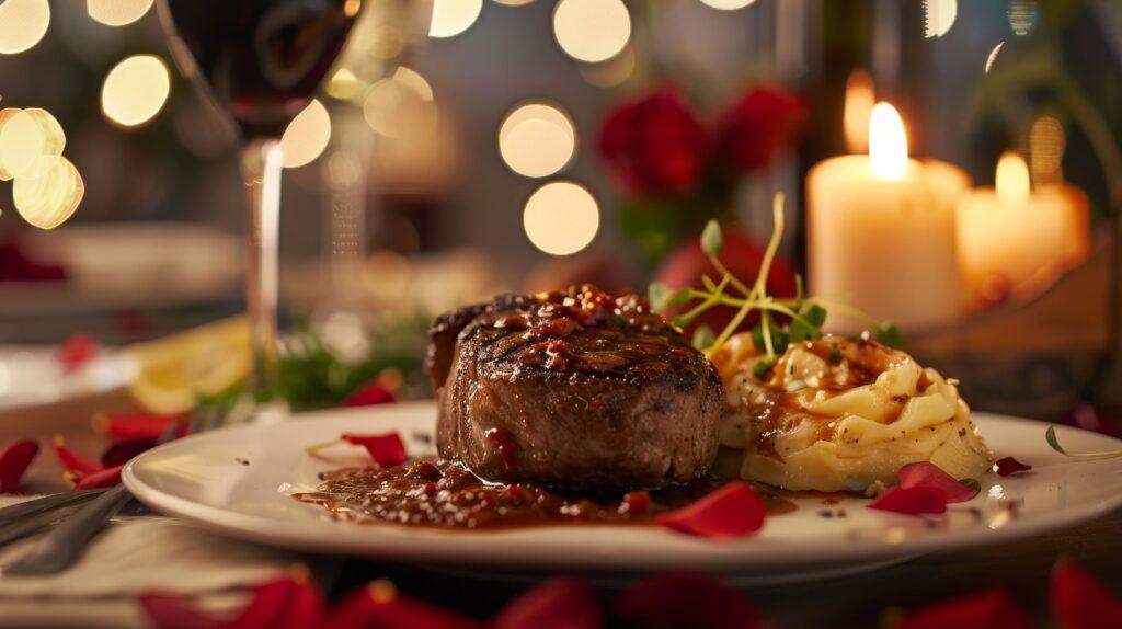 Ein romantisches Dinner mit Rinderfilet, Rotweinsauce und Kartoffelgratin, dekoriert mit Rosenblättern und Kerzen