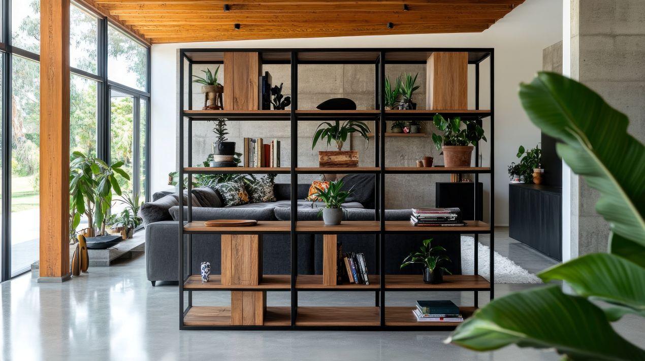 Raumteiler Regal aus Holz und Metall mit Pflanzen im offenen Wohnzimmer als stilvolle Zonierungsloesung