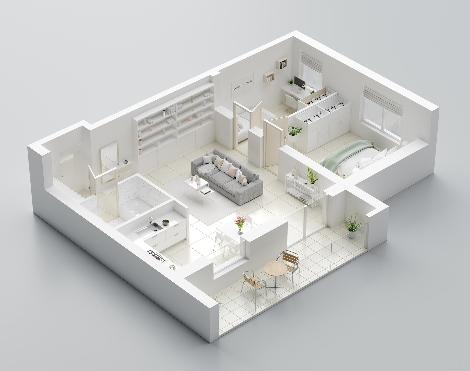 Isometrischer 3D-Grundriss einer Wohnung | Müllsackständer