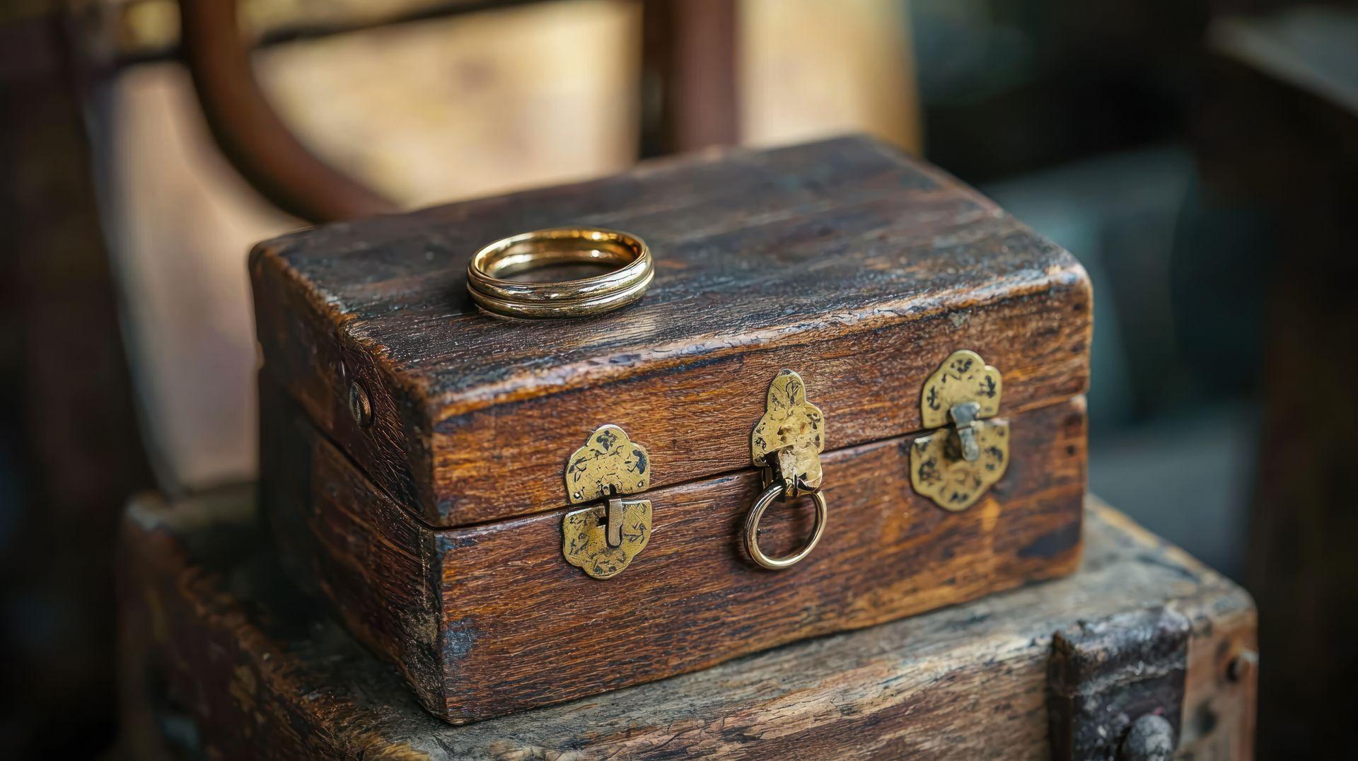 antik wirkende schmuckschatulle mit goldring auf holztisch