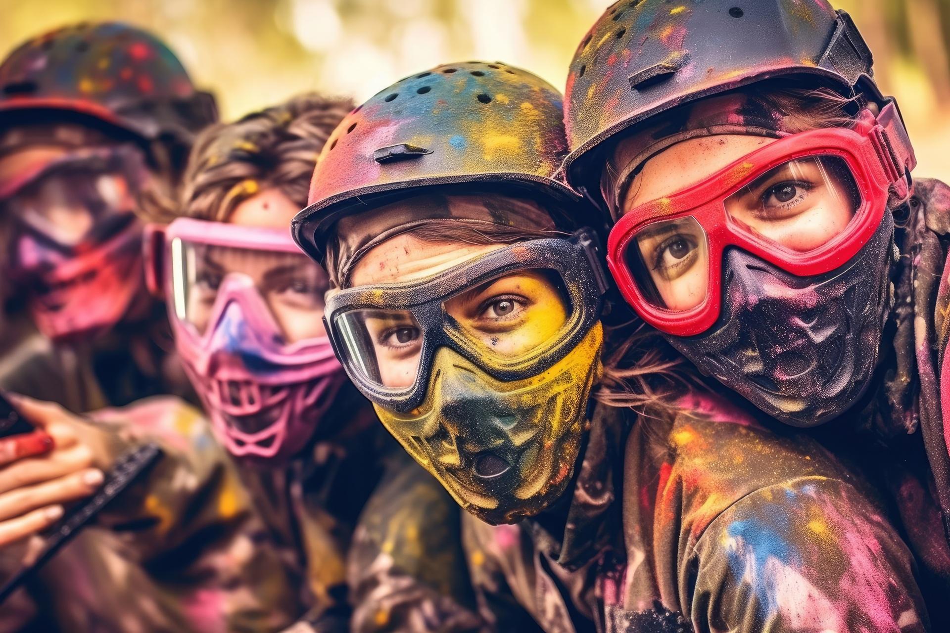 Freunde im Team mit farbiger Paintballausruestung und Masken | EMF100