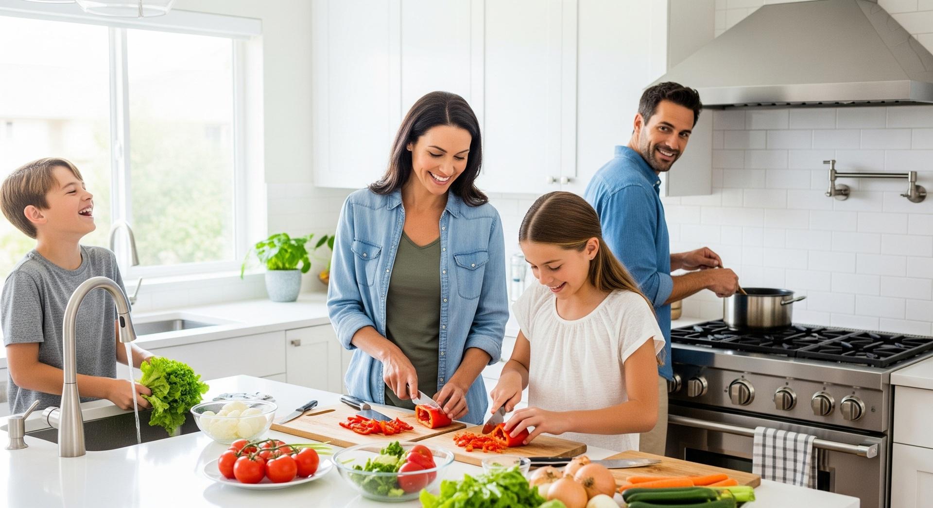 Familie bereitet gemeinsam gesundes Essen zu | Wasserfilteranlage Küche