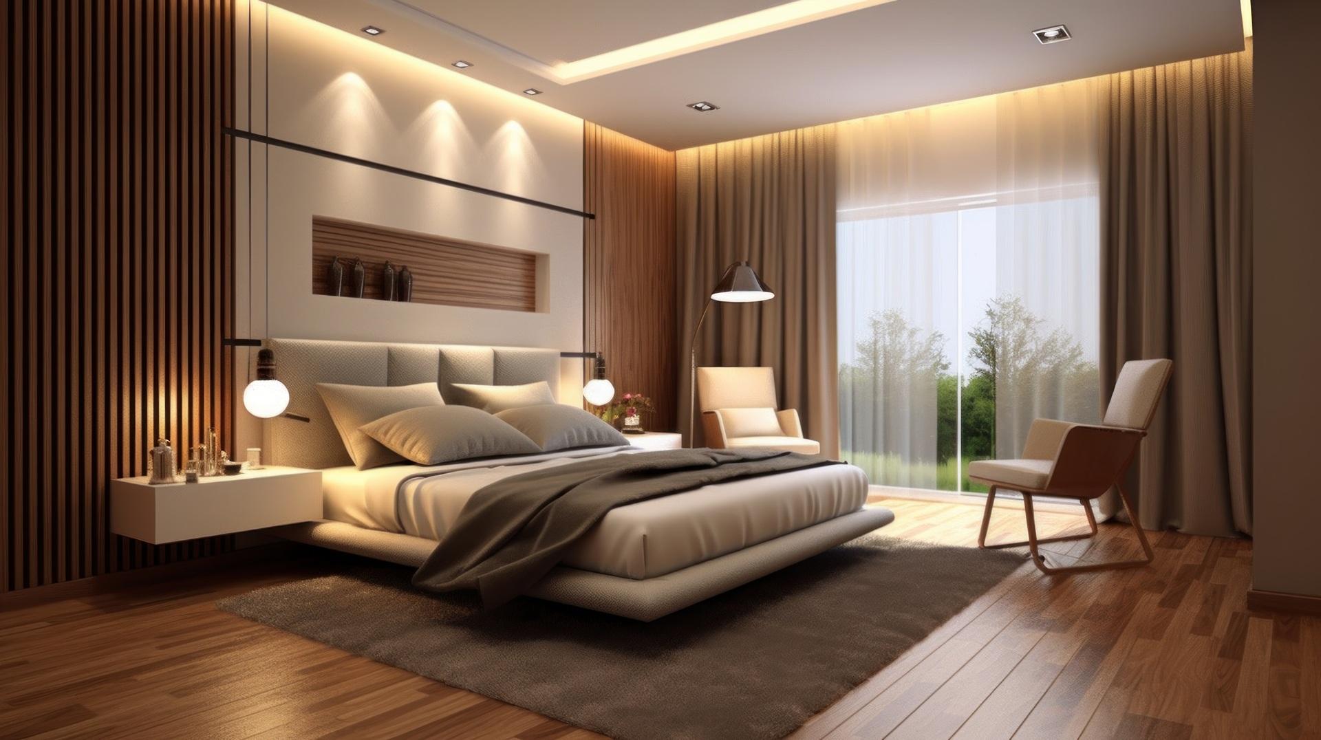 Luxuriöses Schlafzimmer mit warmem Licht und Holzelementen | Bettbank kaufen