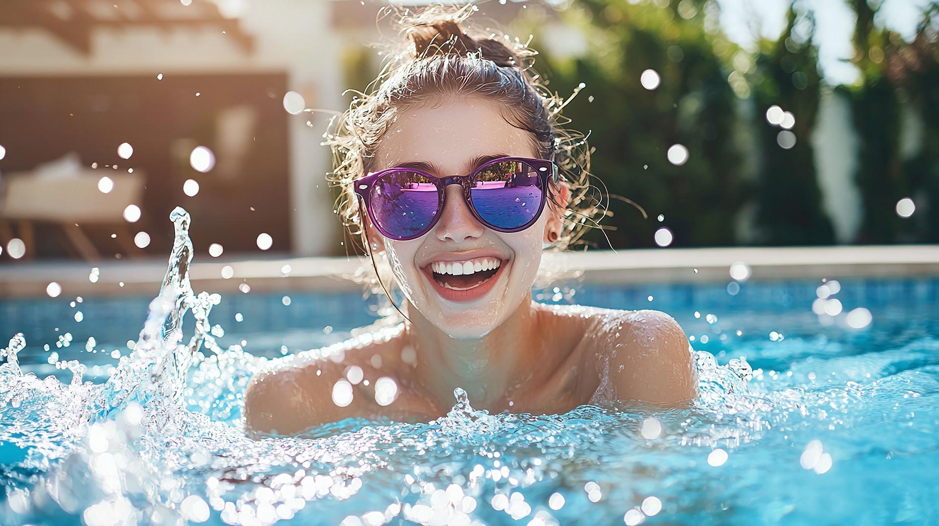 Fröhliche Frau mit Sonnenbrille genießt das Wasser im Pool | Poolchemie